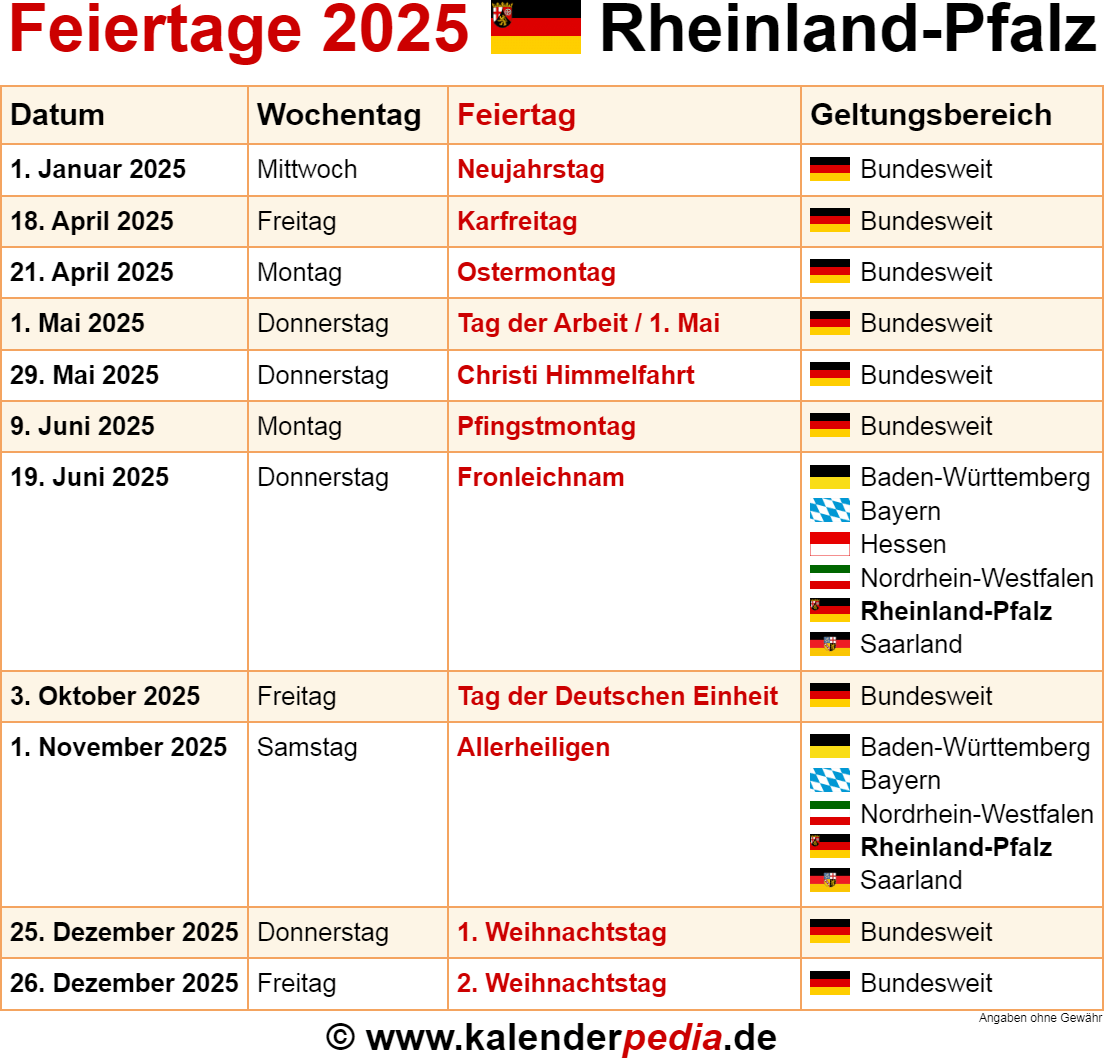 Feiertage Rheinland-Pfalz 2025 - Kalenderpedia