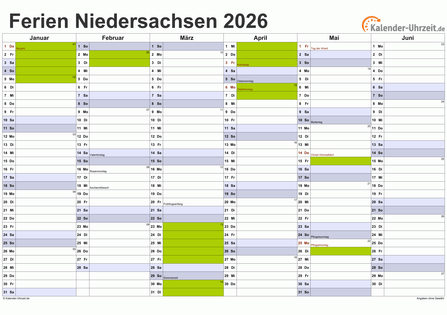 Ferien Niedersachsen 2026 - Ferienkalender zum Ausdrucken