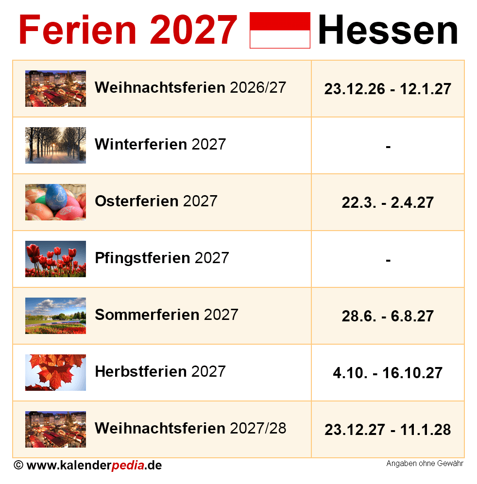 Ferien Hessen 2027 - Übersicht der Ferientermine